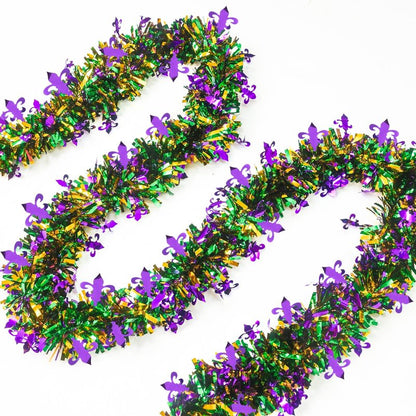 Mega-L Mardi Gras Tinsel Garland Decorations, 2 Pack 26.25Ft Green Gold Purple with Fleur-De-Lis Chunky Glittery Holiday Hanging Tinsel Decorations for Carnival Parade Car Party Supplies Home Decor