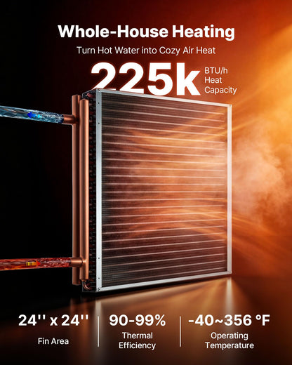 VEVOR Water to Air Heat Exchanger, 24 x 24 in Finned Tube HVAC Heat Exchanger Coil with Copper Tubes & Aluminum Fins, 225K BTU Output for Outdoor Wood Furnace, Hydronic Heating & Cooling Systems