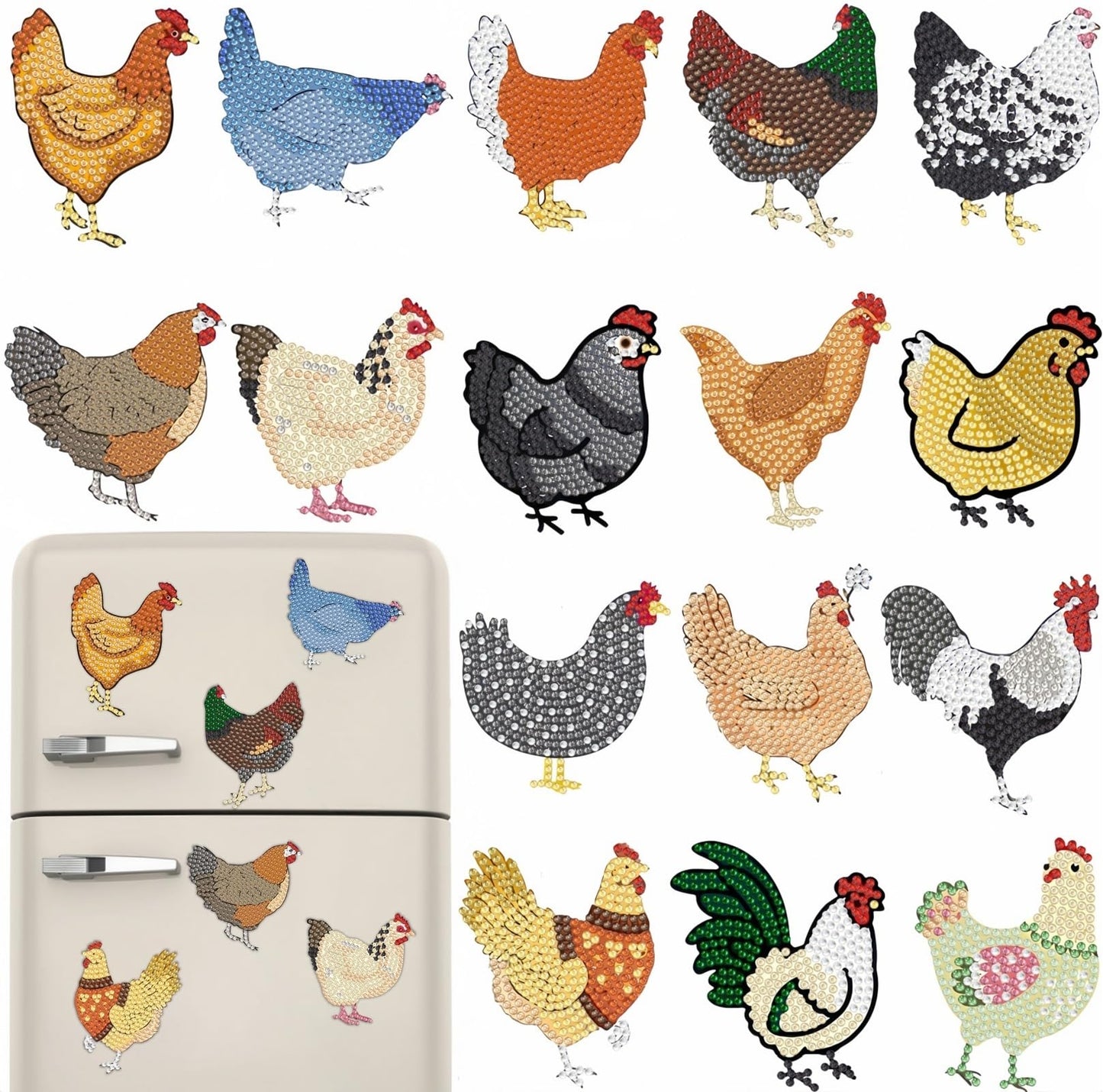 16 Pcs Chicken Diamond Painting Magnets Kits Diamond Art Fridge Magnet Refrigerator Sticker Diamond Painting kit for Beginners Adults DIY Art Craft Gifts Home Decors