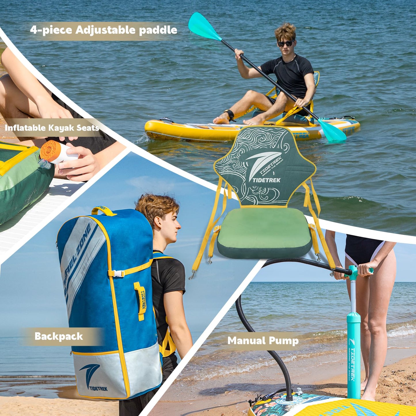 TIDETREK 11'/11'6" x 33"/34" x 6" Inflatable SUP Paddle Board – Extra-Wide, Stable Stand Up Paddle Board with Premium Full Accessory Set for Adults & Youth (Sunny Wave/Kayak Seat, 11'6"x33"x6")