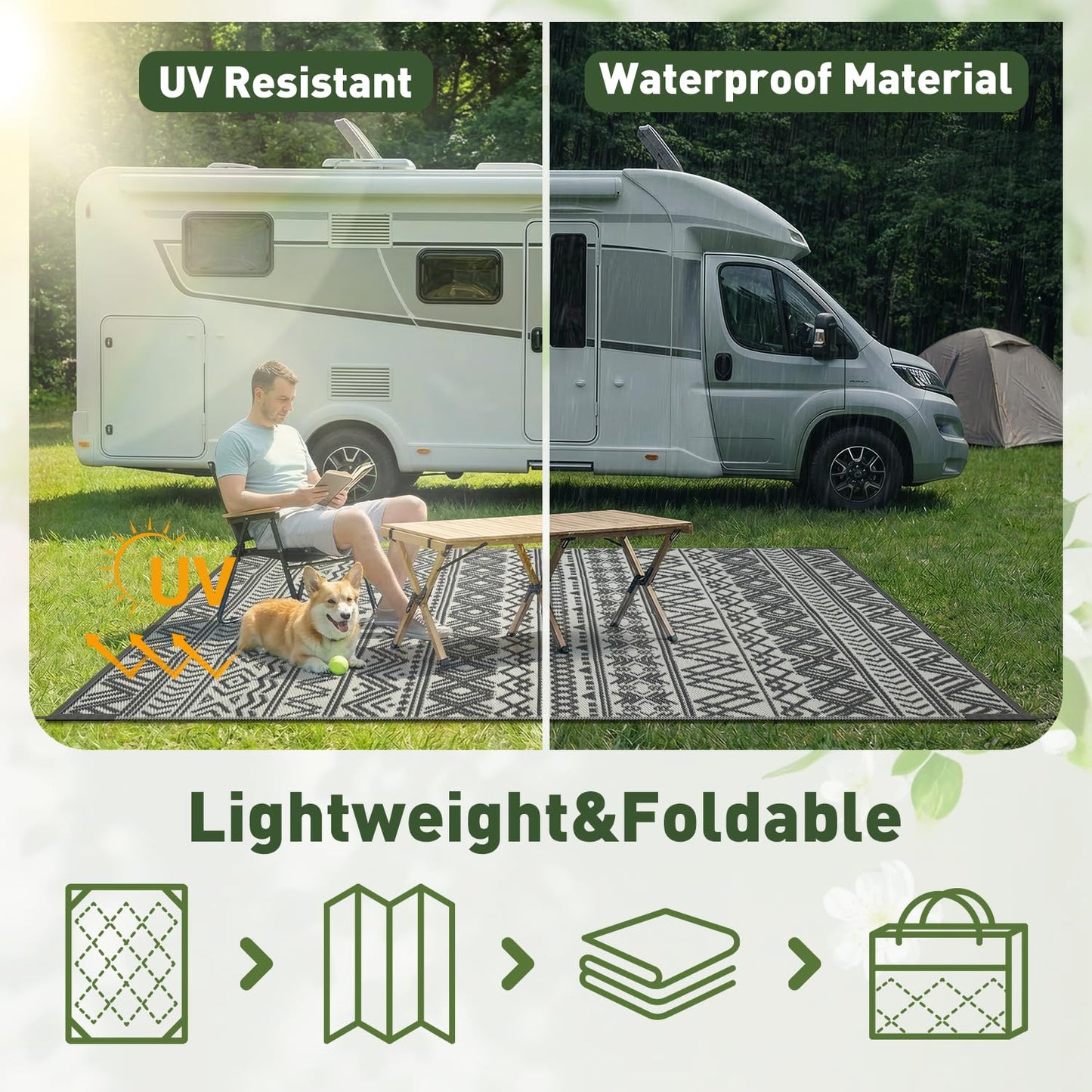 MontVoo Outdoor Rug Carpet Waterproof 5x8 Outdoor Patio Rug Mat Reverisble Plastic Straw Outdoor Rug for RV Camping Picnic Beach Balcony Boho Grey