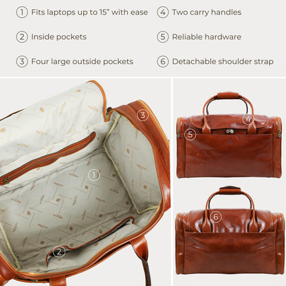 Time Resistance Leather Duffel Bag - Large Weekend Gym Travel Bag (Cognac Brown)