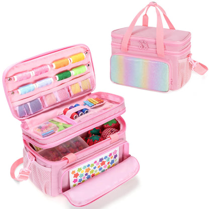 GRAOSO Double Layer Sewing Organizer for Crafts Sewing Supplies, Crafts Accessories Bag, Portable Sewing Box with Handle and Detachable Shoulder Strap, Rainbow Sequins Design, Pink (Case Only)