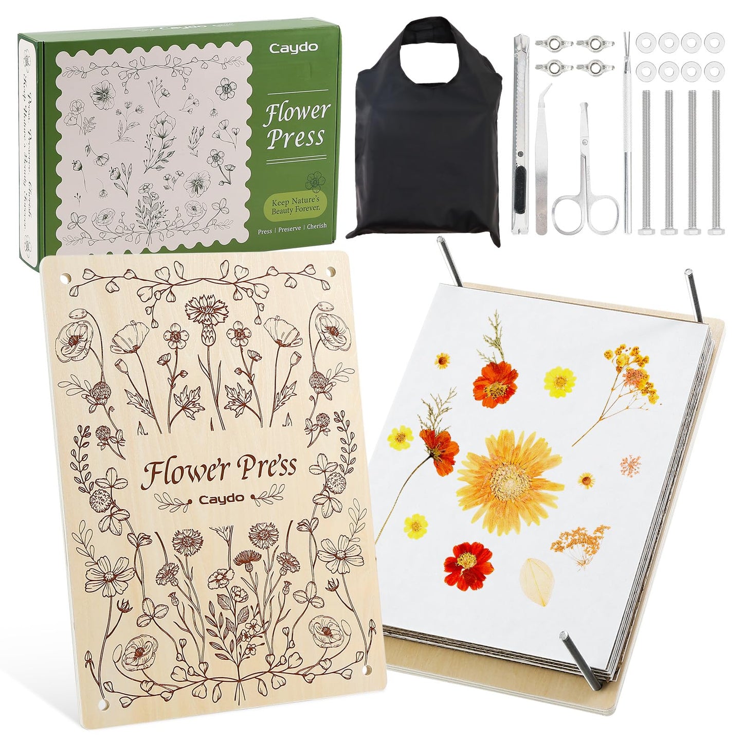 Caydo 11.8" x 8.3" 10 Layers Flower Press Kit for DIY Bookmark Pressed Flower Frame, Wooden Pressed Flower Kit & Plant Press for Adults, Bouquet Flower Preservation Kit, Ideal Gift for Craft Lovers