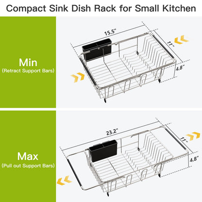 JASIWAY Dish Drying Rack in Sink, Expandable Stainless Steel Dish Drainers for Kitchen Counter, Dish Dryer Rack for Inside Sink, Over The Sink Dish Racks with Utensil Holder, Silver