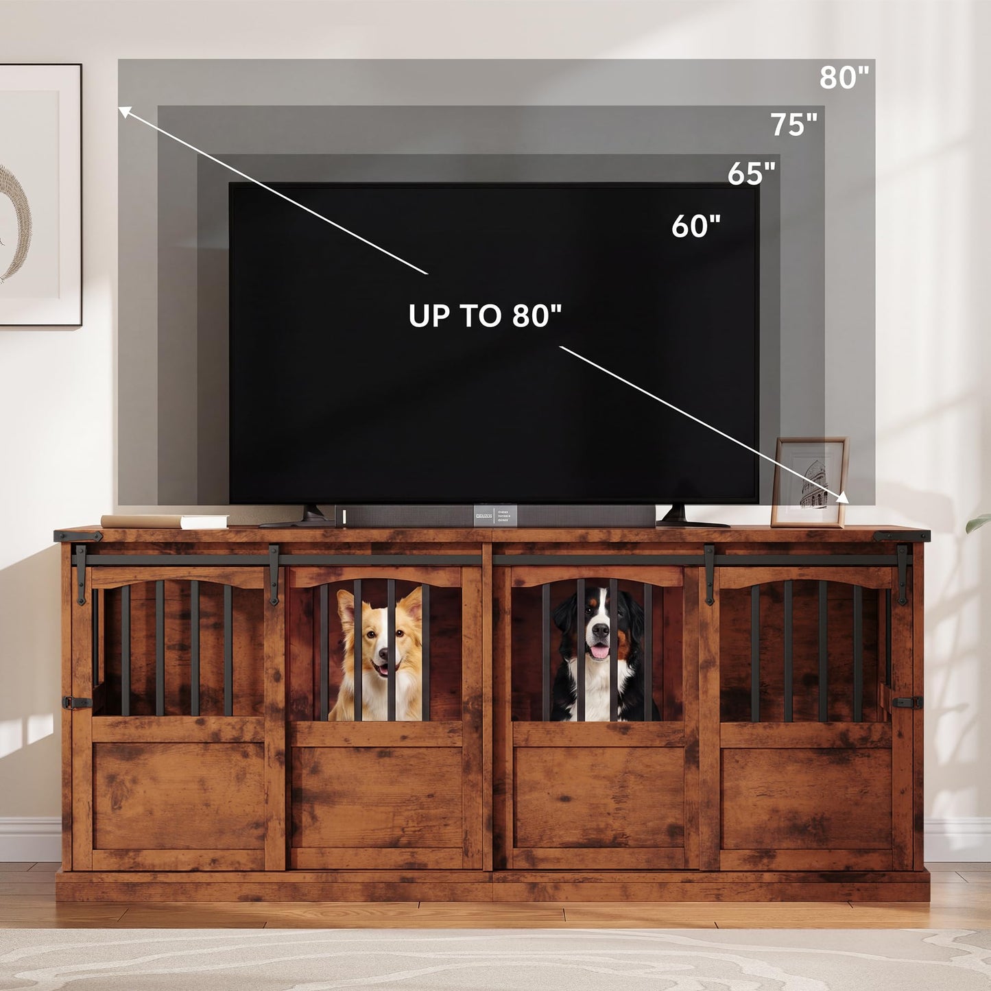 Homiflex 72" Double Dog Crate Furniture for 2 Medium Large Dogs Wooden Heavy Duty Dog Kennel Furniture with 2 Sliding Doors and Divider Decorative Dog Cage TV Stand End Table for Indoor, Brown