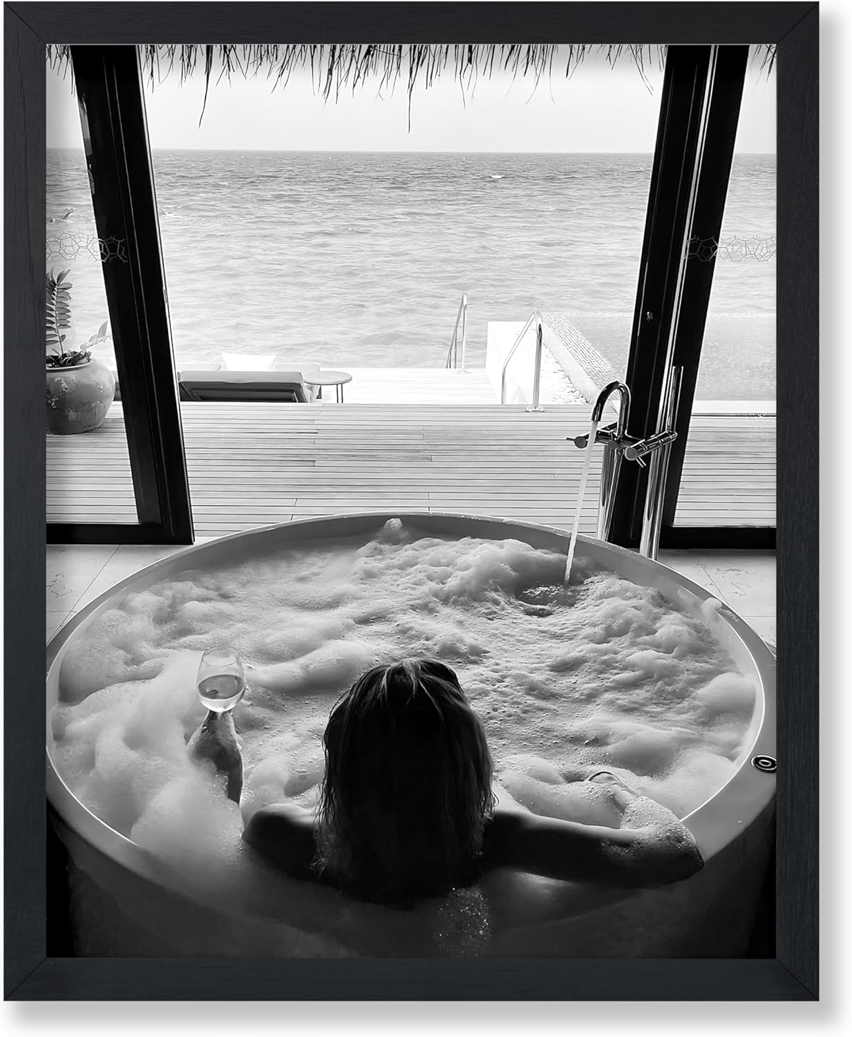 11x14 Poster Master Bath with Wine Poster - Beach View Print - Alcohol Art - Bar Cart Design - Girly Print - Black