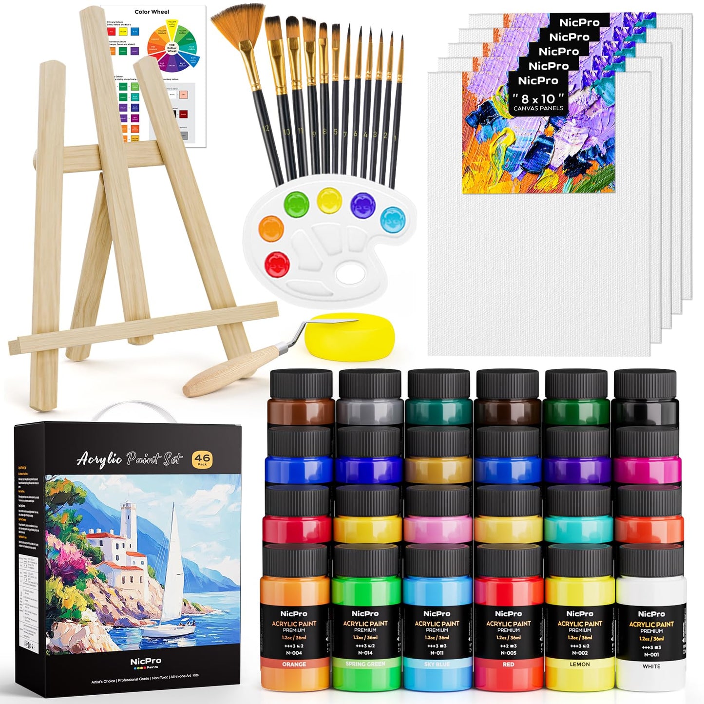 Nicpro Acrylic Paint Canvas Set for Adults, 46PCS Art Painting Supplies Kit with 24 Acrylic Paints(36ML), Table Wood Easel, 5 Canvas Panels, 12 Brushes, Paper Pad, Palette for Artist Beginner Students