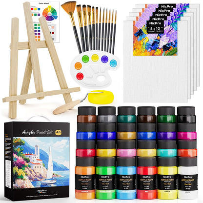 Nicpro Acrylic Paint Canvas Set for Adults, 46PCS Art Painting Supplies Kit with 24 Acrylic Paints(36ML), Table Wood Easel, 5 Canvas Panels, 12 Brushes, Paper Pad, Palette for Artist Beginner Students