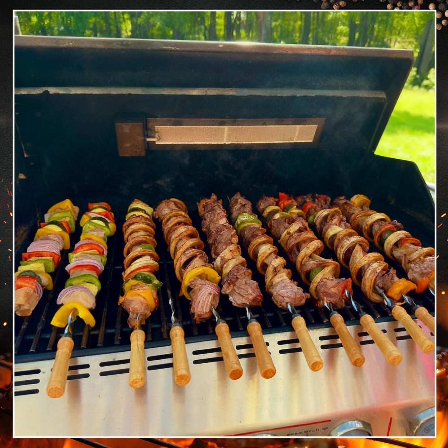 Sawysine 16 Pcs 23.6" Stainless Steel Flat Skewers Bulk with Wooden Handle Large Heavy Duty Reusable Kabob Stick BBQ Barbecue Skewer for Grilling Meat Vegetables Outdoor Indoor Cooking
