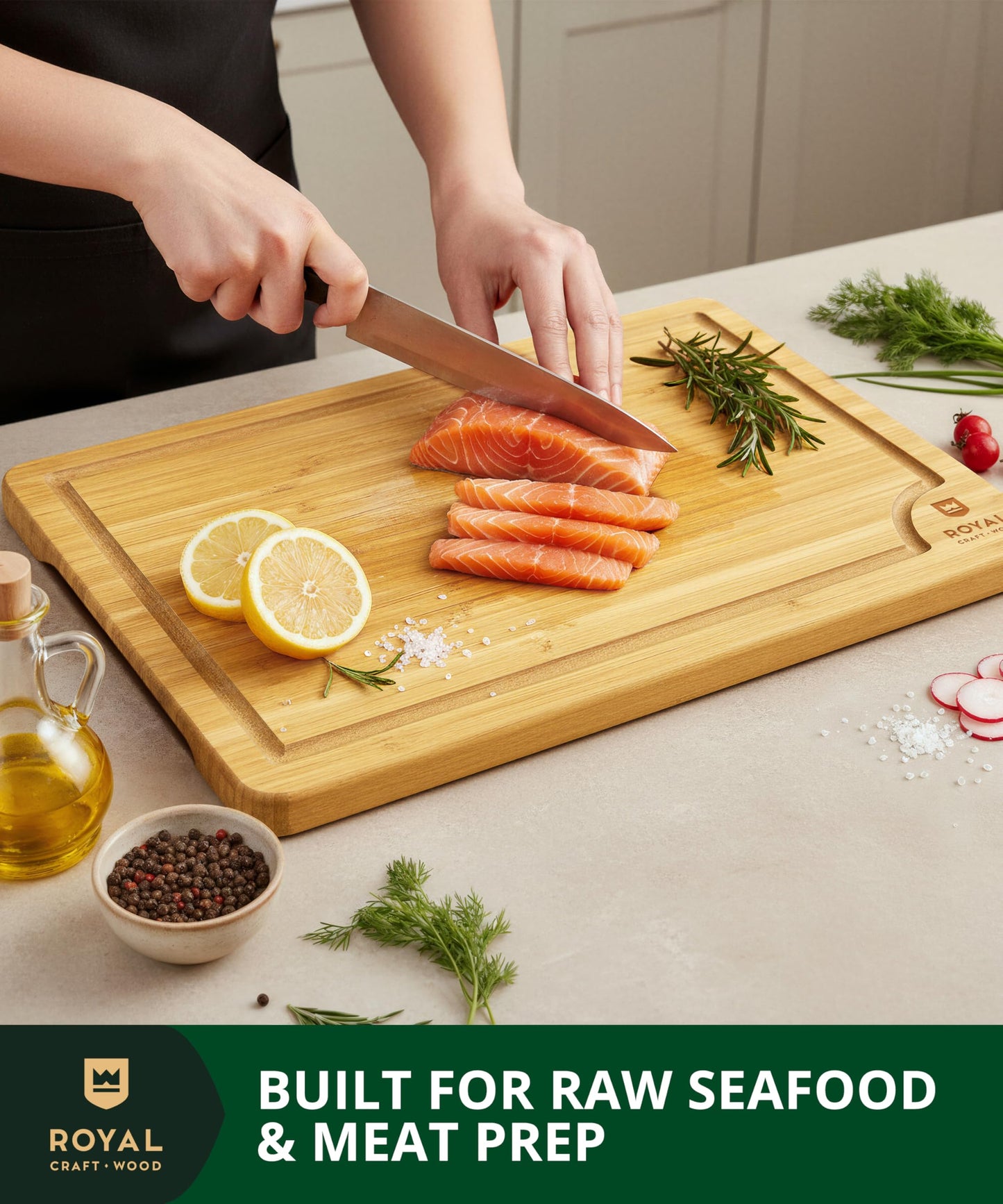 ROYAL CRAFT WOOD Wooden Cutting Boards for Kitchen Meal Prep & Serving - Bamboo Wood Serving Board Set with Deep Juice Groove Side Handles - Charcuterie & Chopping Butcher Block for Meat