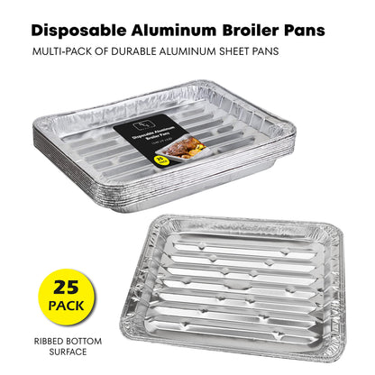Pack of 25 Disposable Aluminum Broiler Pans – Good for BBQ, Grill Trays – Multi-Pack of Durable Aluminum Sheet Pans – Ribbed Bottom Surface - 13.40" x 9" x 0.85"