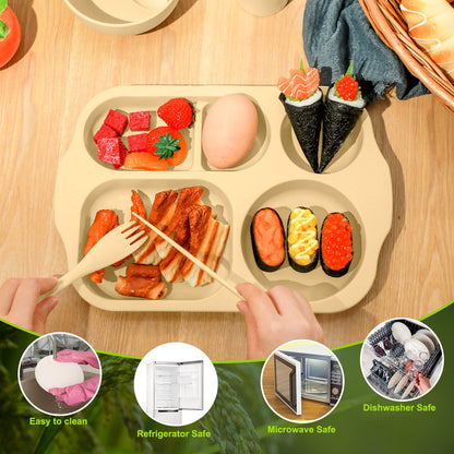 24 Pcs Wheat Straw Dinnerware Cutlery Set for Adult Including Divided Plates Microwave Dishwasher Safe Bowl Unbreakable Tableware Straw Cutlery Spoon Knife Fork(Light Color)