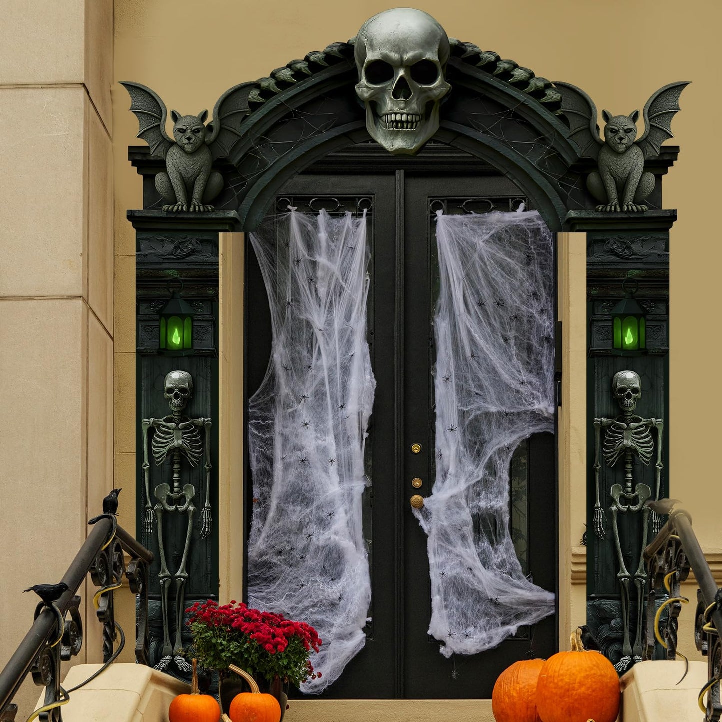 Peryiter 3 Pcs Halloween Cemetery Archway Halloween Skull Cemetery Hanging Banners Gothic Outdoor Banners Sign Banner Spooky Pillar Sign Decorations for Outdoor Party Supplies