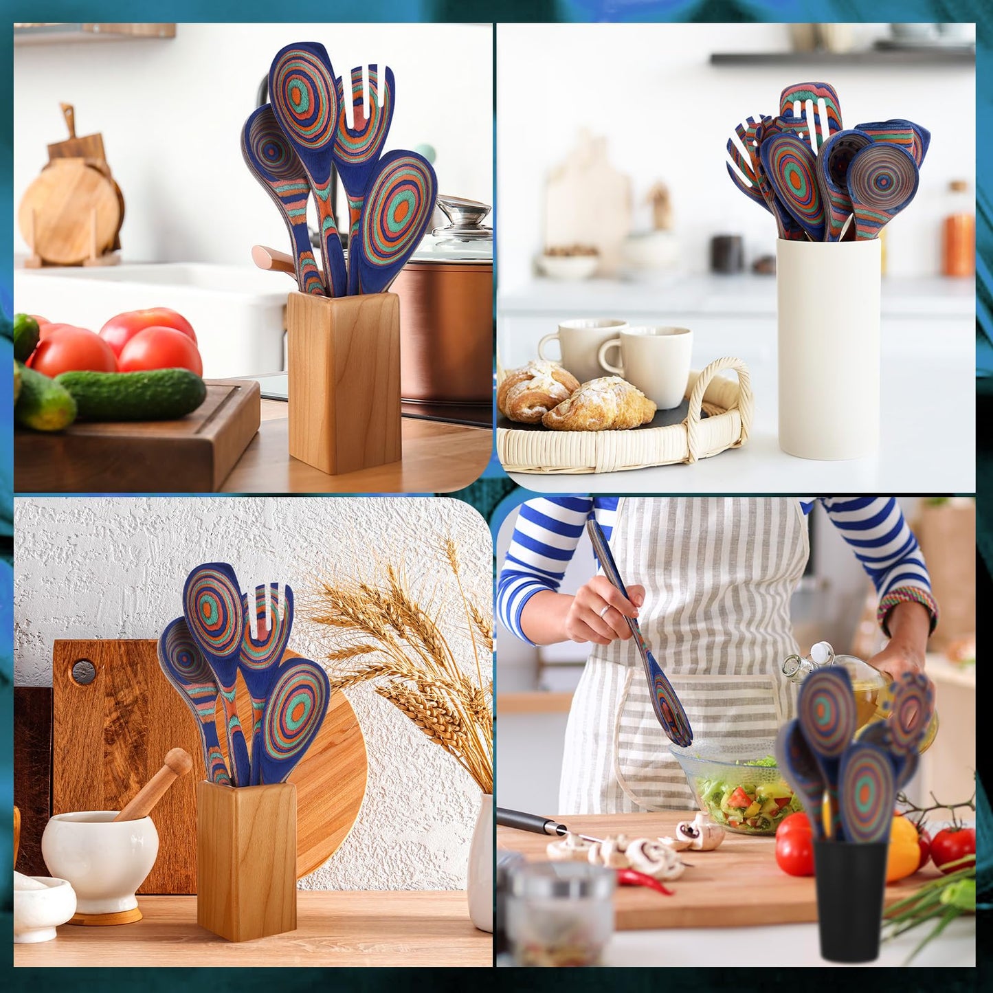 Teenyyou 9 Pcs Blue Rainbow Pakkawood Kitchen Utensils Wooden Spoons for Cooking Pakkawood Soup Ladle Deep Spoons Set Wood Non Stick Utensils with Long Handle for Kitchen Household Womnn Gifts Tools