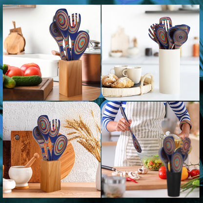 Teenyyou 9 Pcs Blue Rainbow Pakkawood Kitchen Utensils Wooden Spoons for Cooking Pakkawood Soup Ladle Deep Spoons Set Wood Non Stick Utensils with Long Handle for Kitchen Household Womnn Gifts Tools
