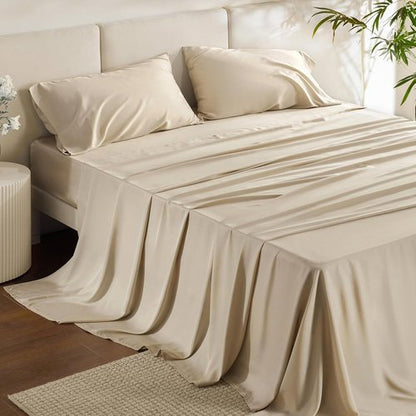 Bedsure King Size Cooling Sheet Set - Breathable Rayon from Bamboo, Deep Pocket Up to 16", Luxurious Beige