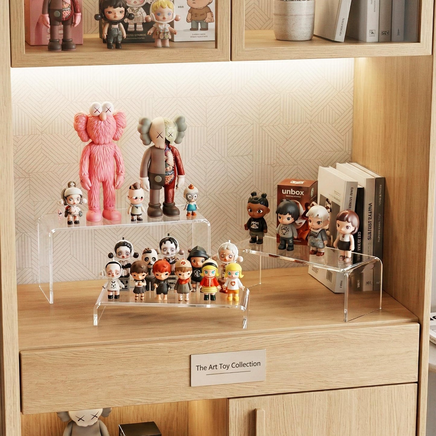 FUNFERY Acrylic Display Risers,2 Sets(7.8" L~8.2" L~8.6" L) Display Stand Shelf for Figure,Collectibles,Cupcake,Clear Acrylic Risers for Displays Case Cabinet,Dessert Table,Shelf Riser for Decor,Food