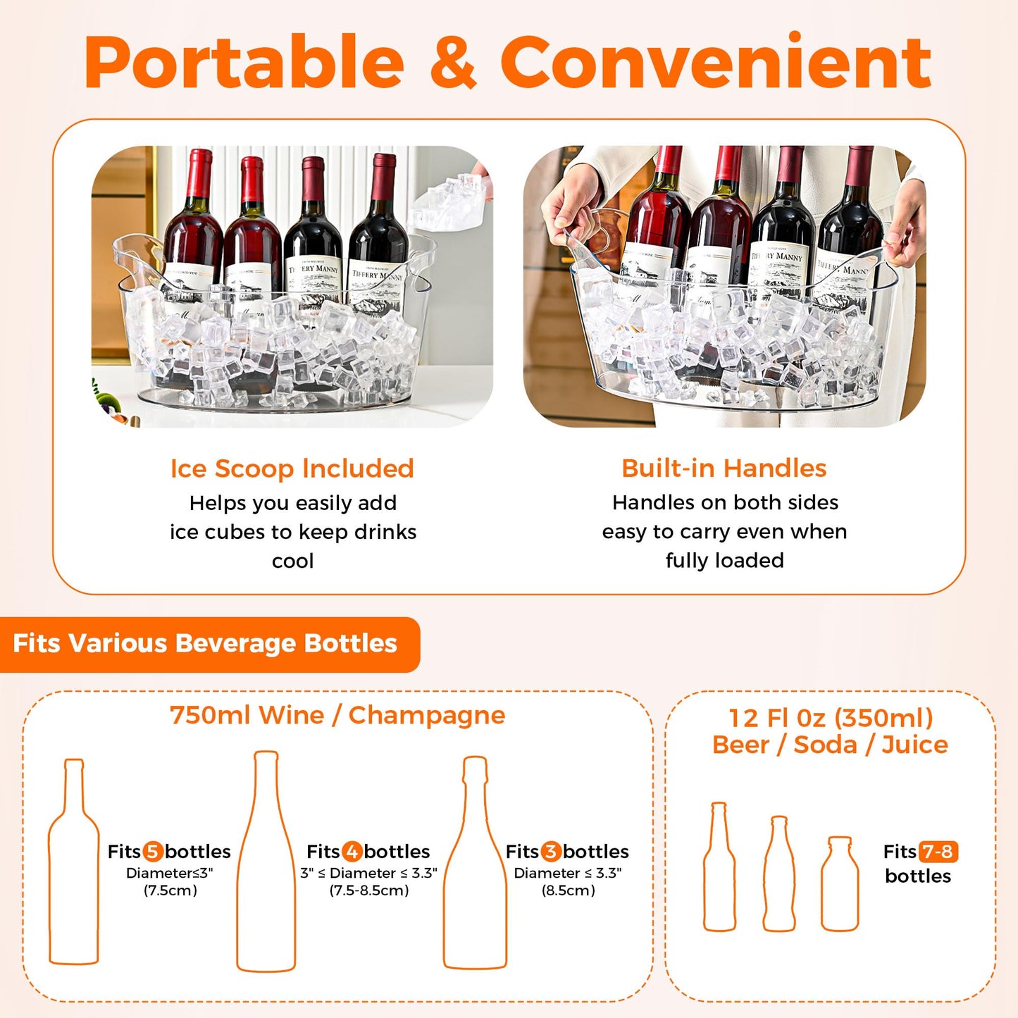 Acrylic Champagne Bucket Set of 2, Ice Bucket for Parties6.5L Large Party Ice Bucket with Ice Scoop & Bottle Opener – Clear Drink Tub for Wedding, Bar, Pool Party, Beer & Wine Chilling