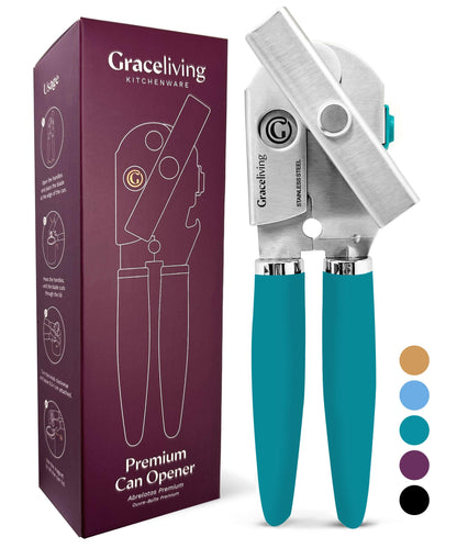 Graceliving Premium Multifunctional Magnetic Manual Can Opener and Bottle Opener, Heavy Duty Stainless Steel Sharp Cutting Blade and Oversized Easy Turn Knob, Soft-Touch Handle, Kitchen Use, Teal