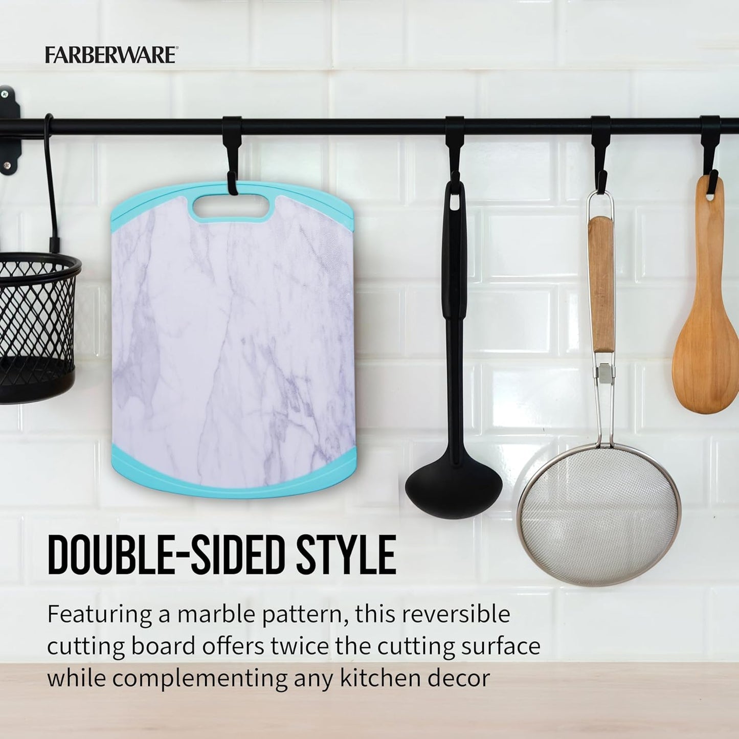 Farberware Plastic Cutting Board with Aqua Nonslip Edges, Stylish Marble Pattern, 11x14-Inch