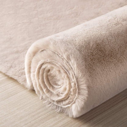Ashler Ultra Soft Faux Rabbit Fur Rug, 3 x 3 Feet Round, Beige, Machine Washable Nursery Decor