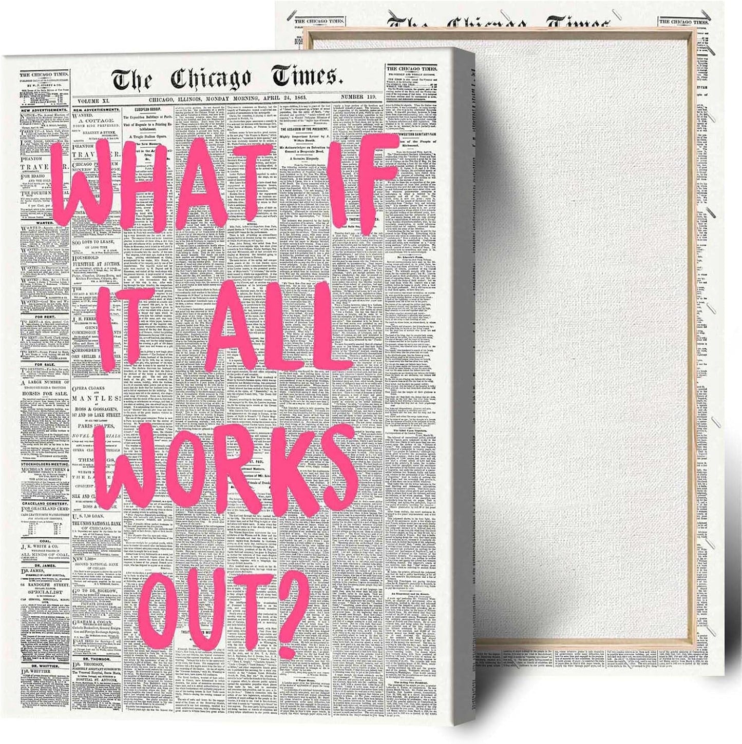 Retro Newspaper Poster by What If It All Works Out - Pink Font Canvas Wall Art | Positive Affirmation Decor 24x36in
