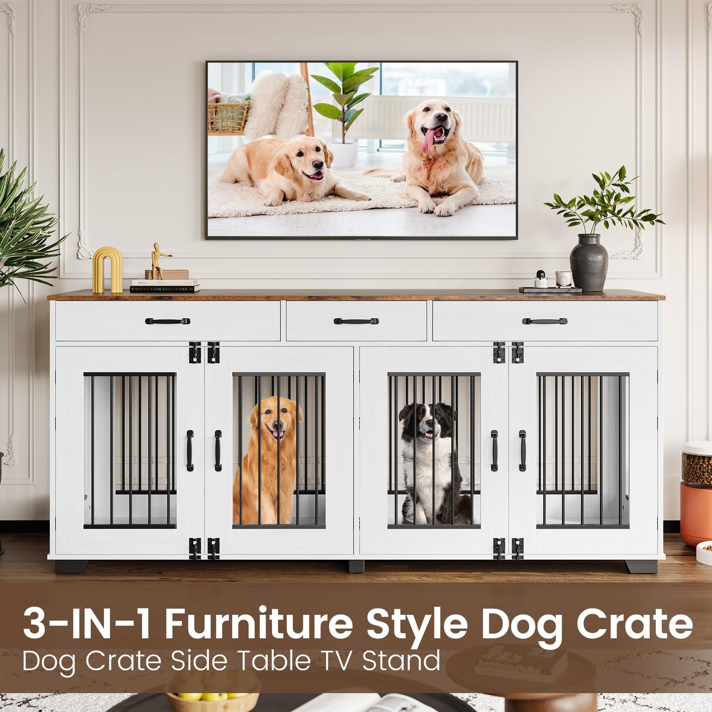 Garvee 71" Dog Crate Furniture for 2 Dogs, Heavy Duty Indoor Dog Kennel TV Stand, XL Wooden Dog Cage with Divider for Medium Large Dogs, End Table Dog Crate