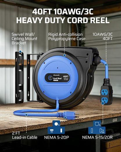 DEWENWILS 20 Amp Retractable Extension Cord Reel, 40FT 10AWG SJTOW Heavy Duty Extension Cord, Auto-Rewind No-Tangle, Circuit Breaker, 4 Outlets for Garage Shop, 2500W, Blue