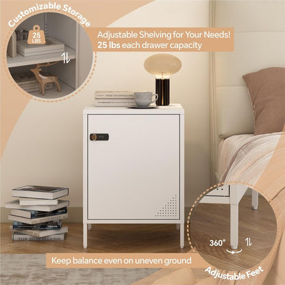 Steehoom Metal Locker End Table Single Door Nightstand Lockable Bedside Table Storage Cabinet for Bedroom, Dorm, 21.26”H X 15.75”W X 15.75”D (1 Door, White)
