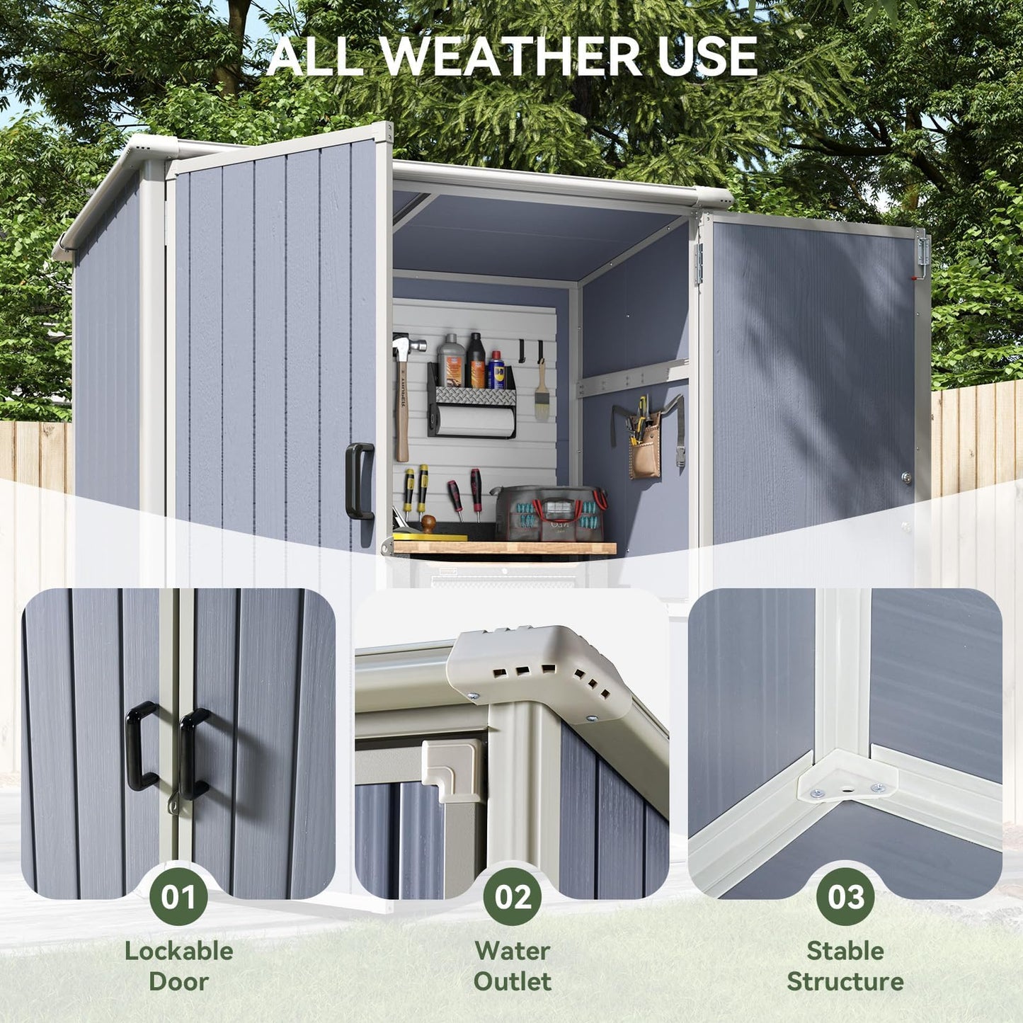Aoxun 5 x 3 FT Outdoor Storage Shed, Resin Shed with Floor & Lockable Doors, Small Garden Shed Waterproof Plastic Tool Shed with Sloped Roof for Backyard, Garden, Patio, Lawn, Grey