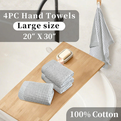 VOOVA & MOVAS 100% Cotton Waffle Large Hand Towels 4PC – Luxury Hand Towels with Hanging Loop 20"x30" | Soft | Absorb | Quick Dry | Lightweight, Durable Bathroom Essentials, White and Gray Waffle