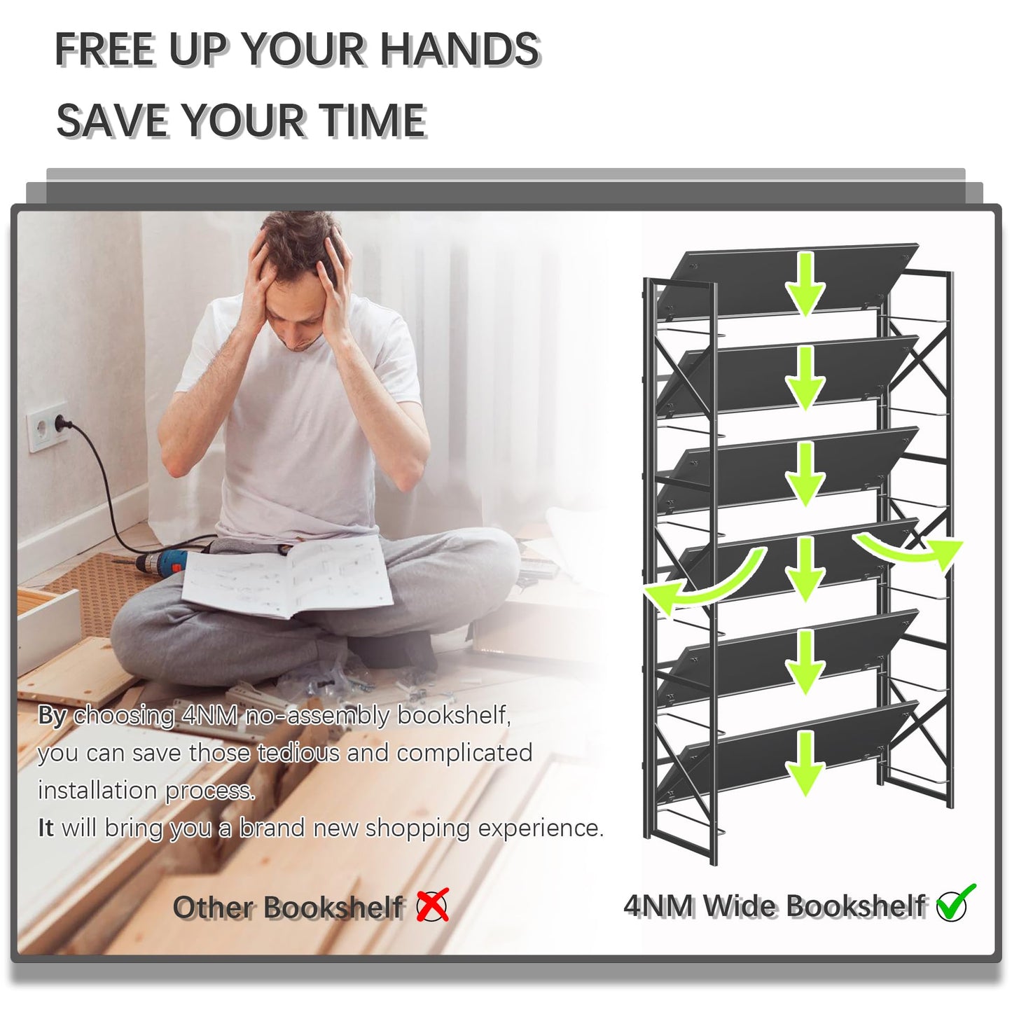 4NM Extra Wide 6 Tiers No Assembly Book Shelves, 61.8" H Folding Bookshelf Bookcase Open Industrial Foldable Shelves for Bedroom, Living Room, Home Office - All Black
