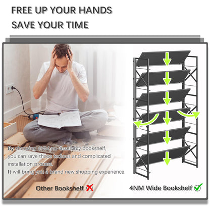 4NM Extra Wide 6 Tiers No Assembly Book Shelves, 61.8" H Folding Bookshelf Bookcase Open Industrial Foldable Shelves for Bedroom, Living Room, Home Office - All Black