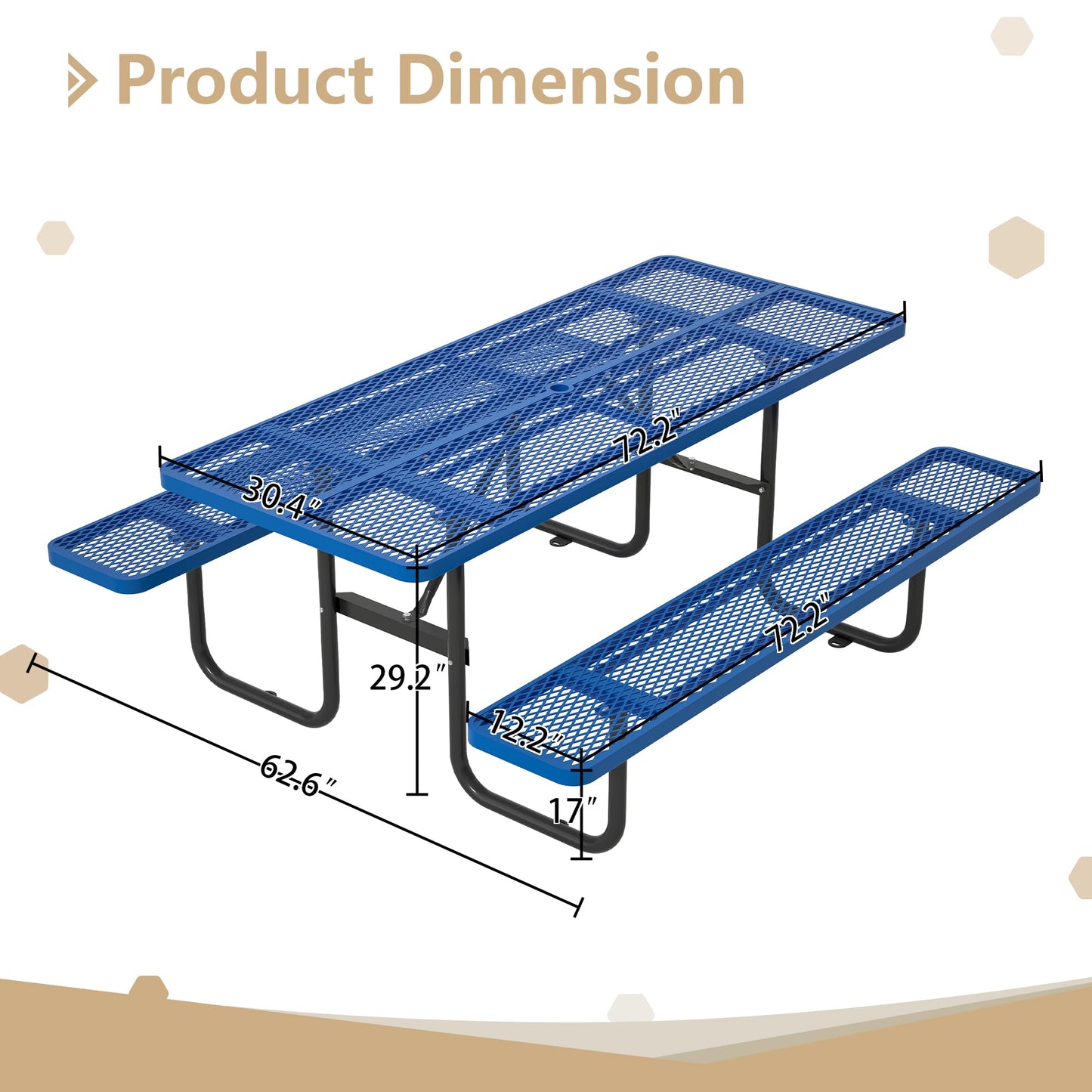 Dvasovio 72'' Rectangular Metal Picnic Table with 1.73" Umbrella Hole, Heavy Duty Steel Mesh Table Set, Weather Resistant Sturdy Outdoor Furniture, for Patio, Garden, Courtyard & BBQ, Blue