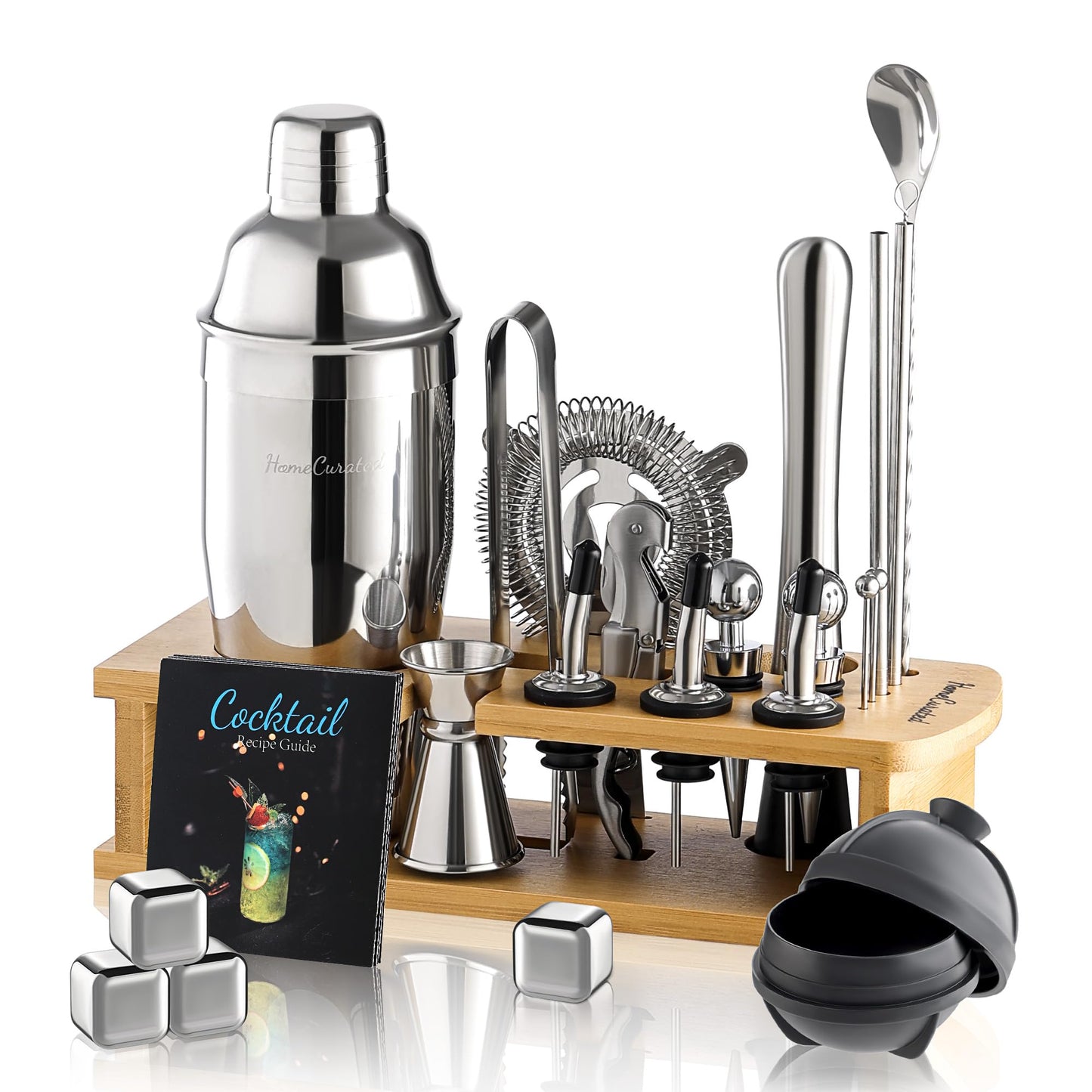 HomeCurated Cocktail Shaker Set,24-Piece Bar Bartender Kit with Stand,Martini Shaker,Jigger,Strainer,Mixer Spoon,Muddler,Liquor Pourers,Tongs,Opener,LCE Ball Mold&LCE Cubes,Bottle Stoppers|Silver