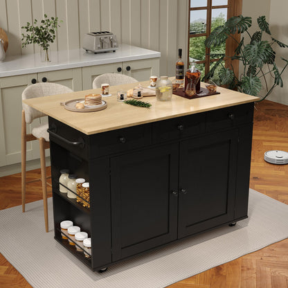 GarveeHome Rolling Kitchen Island with Drop Leaf Countertop, Charging Station & Ample Storage - 47.2 in Mobile Kitchen Cart On Wheels with Pull-Out Shelves, Drawers, Spice Rack & Organizer Divider