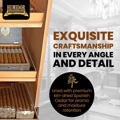 Humidor Supreme Black Tower Humidor with Adjustable Shelves and Drawers | Large Capacity Cigar Cabinet with Tempered Beveled Glass Door, Hygrometer, and Dried Spanish Cedar Lining - Holds 3000 Cigars