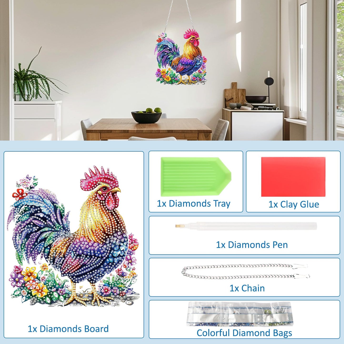 SENQAO Chicken Diamond Art Hanging Kit for Adult, Special Shaped Rhinestone, DIY Acrylic 5D Diamond Art Painting Window Pendants Home Garden Wall Hanging Kits Hanging Ornament