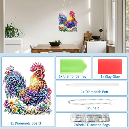 SENQAO Chicken Diamond Art Hanging Kit for Adult, Special Shaped Rhinestone, DIY Acrylic 5D Diamond Art Painting Window Pendants Home Garden Wall Hanging Kits Hanging Ornament