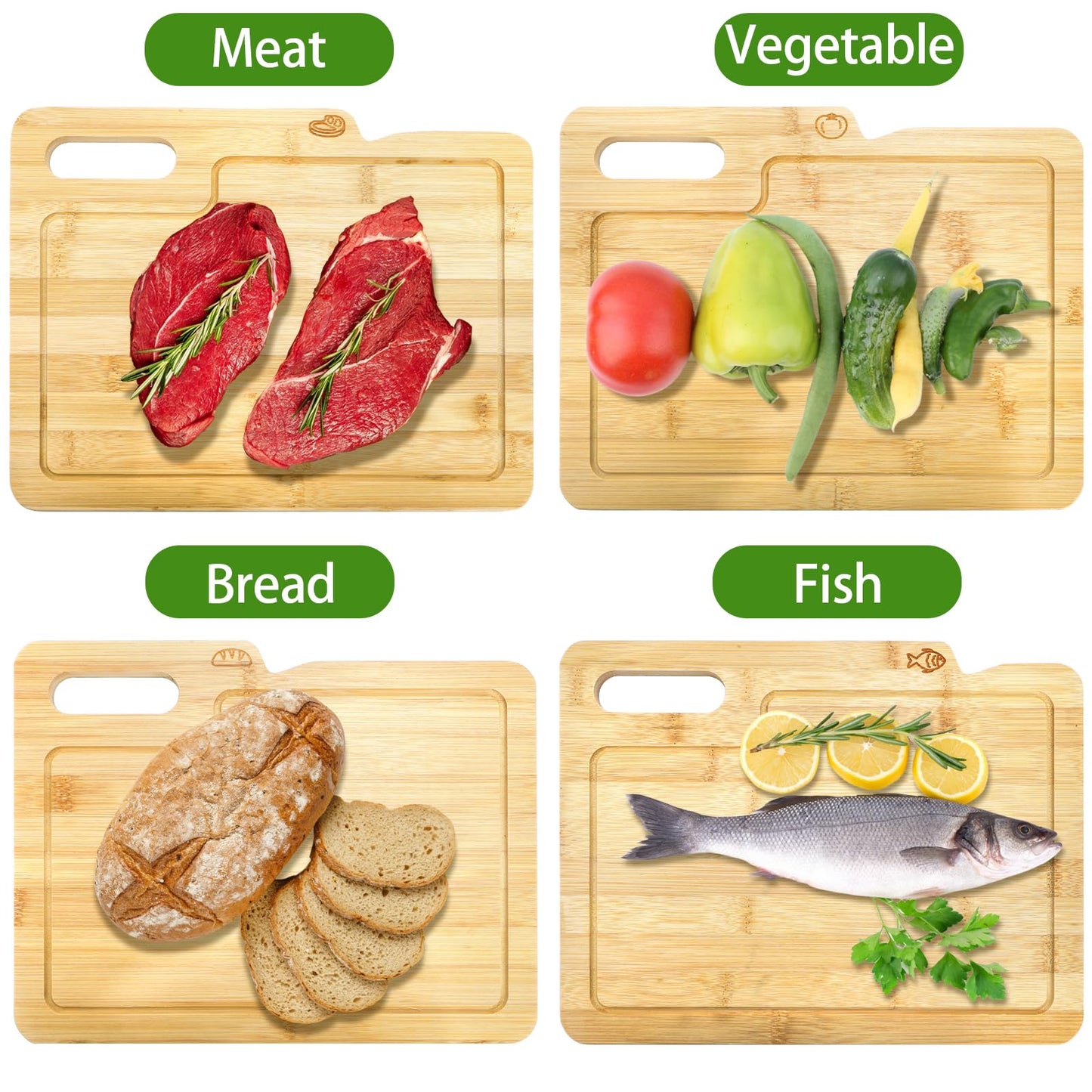 ZENFUN 4 Pack 12.5"L x 9.8"W Bamboo Cutting Boards with Holder, Wood Cutting Board Set, Chopping Boards Set with Food Icons, Kitchen Cutting Board Ideal for Meat, Fish, Bread, Vegetable, Fruit