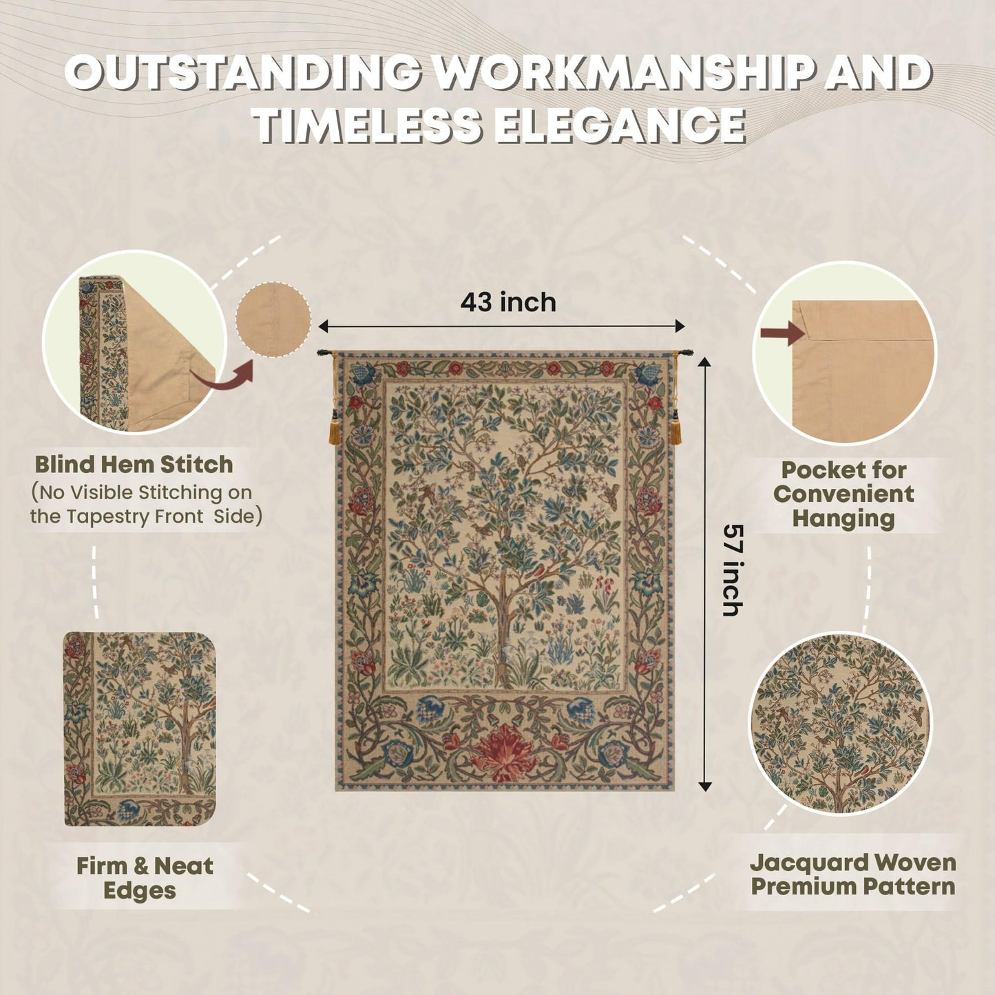 C Charlotte Home Furnishings Inc The Tree Of Life Beige Belgian Medium Tapestry Wall Hanging | Viscose Cotton and Polyester Blend Wall Art | 43 in. x 57 in. | Home Decor Accents | By William Morris
