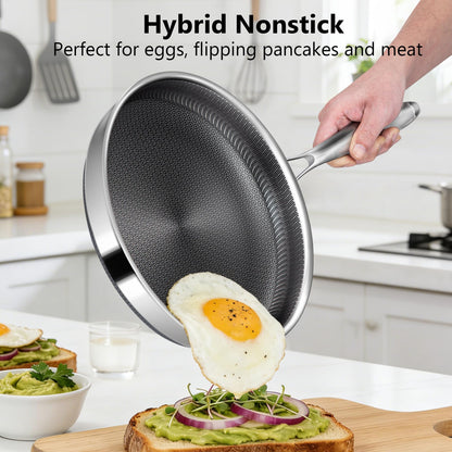 Vocvee Non Stick Frying Pans, 12-inch with Lid, Hybrid Frying Pans Nonstick Stainless Steel Skillets, Dishwasher & Oven-Safe, Stay-Cool Handle, PFOA Free Cookware, Compatible with All Cooktops