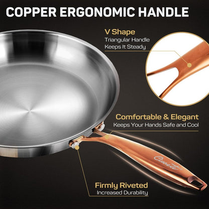 ciwete 12 Inch Tri-Ply Stainless Steel Frying Pan with Brass Cool Handle, Professional Quality Skillet Suitable for All Stove, Oven and Dishwasher Safe, PFOA PTFE PFOS Free, Fast and Even Heating