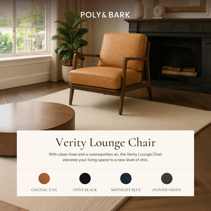 Poly & BARK Verity Leather Accent Chair – Armchair with Walnut Wood Frame – Fashion-Forward Lounge Seating for Living Room – Upholstered in Cognac Tan Leather for Modern Style