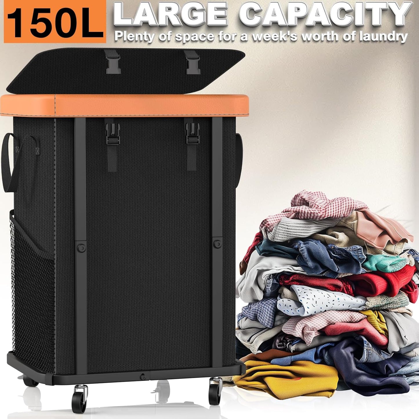 150L (40 Gal) Large Fashion Laundry Basket with Wheels, Leather Patchwork Rolling Hamper Carts, Sturdy Metal Frame