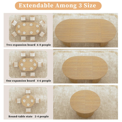 HUAHUU Extendable Round Dining Table for 4-8, 39in-77in Long Large Kitchen Table with Fluted Base, Space Saving Modern Farmhouse Oval Dinner Tables for Dining Room, Kitchen, Living Room, Natural