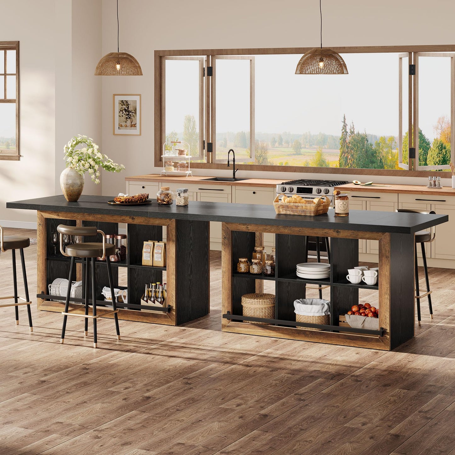 Tribesigns Kitchen Island with Storage, Counter Height Kitchen Island Table with 6 Open Cubbies and Footrests, Coffee Bar Table for Dining Room, Black&Brown