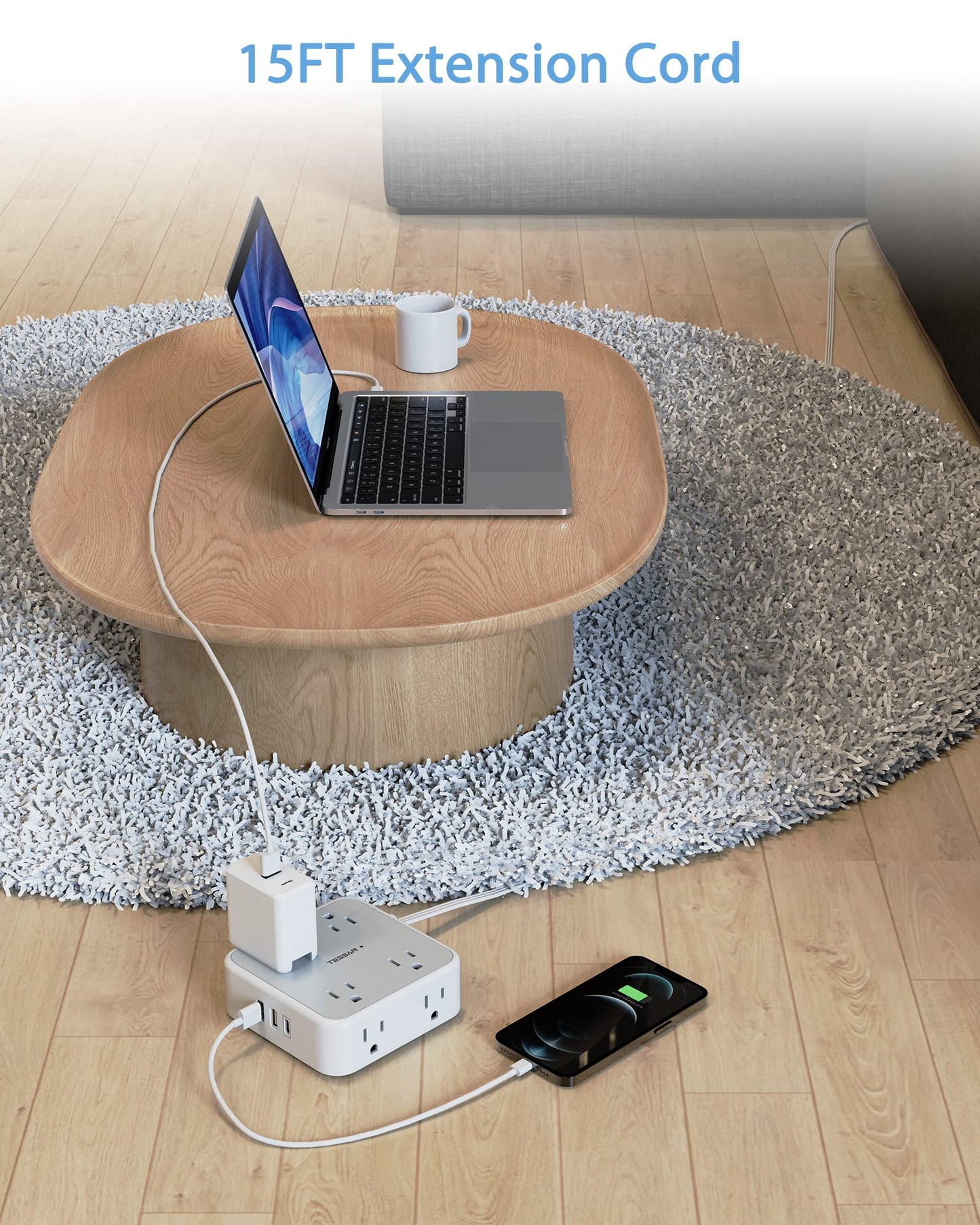 TESSAN Surge Protector Power Strip, 5 Ft Flat Plug Extension Cord with 3 USB (1 USB C) 8 Outlets, 900J Surge Protection, 3 Sided Outlet Extender with Power Switch for Office, Dorm Room Essentials