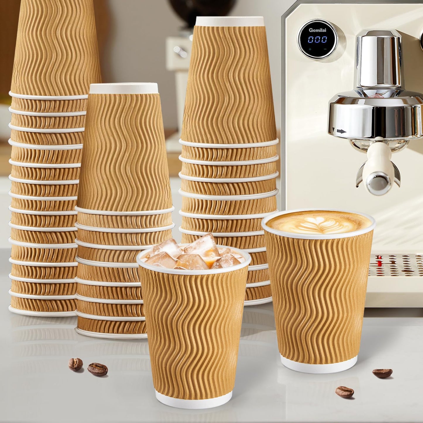 SIUQ Coffee Cups 12 oz 150 Pack, Insulated Ripple Wall Paper Coffee Cups 12 oz, Disposable Coffee Cups, Hot Beverage/Cold Drinking Cups for Office,Home,Party,Cafe,Picnic,Travel (Champagne)
